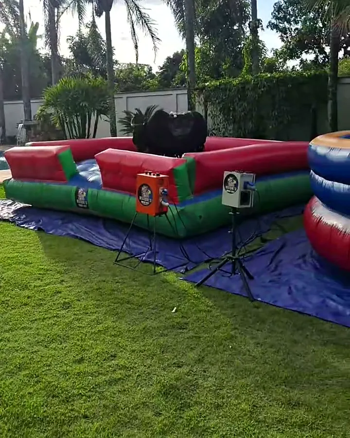Touro mecânico e giro radical montados no gramado de um espaço de festas com palmeiras